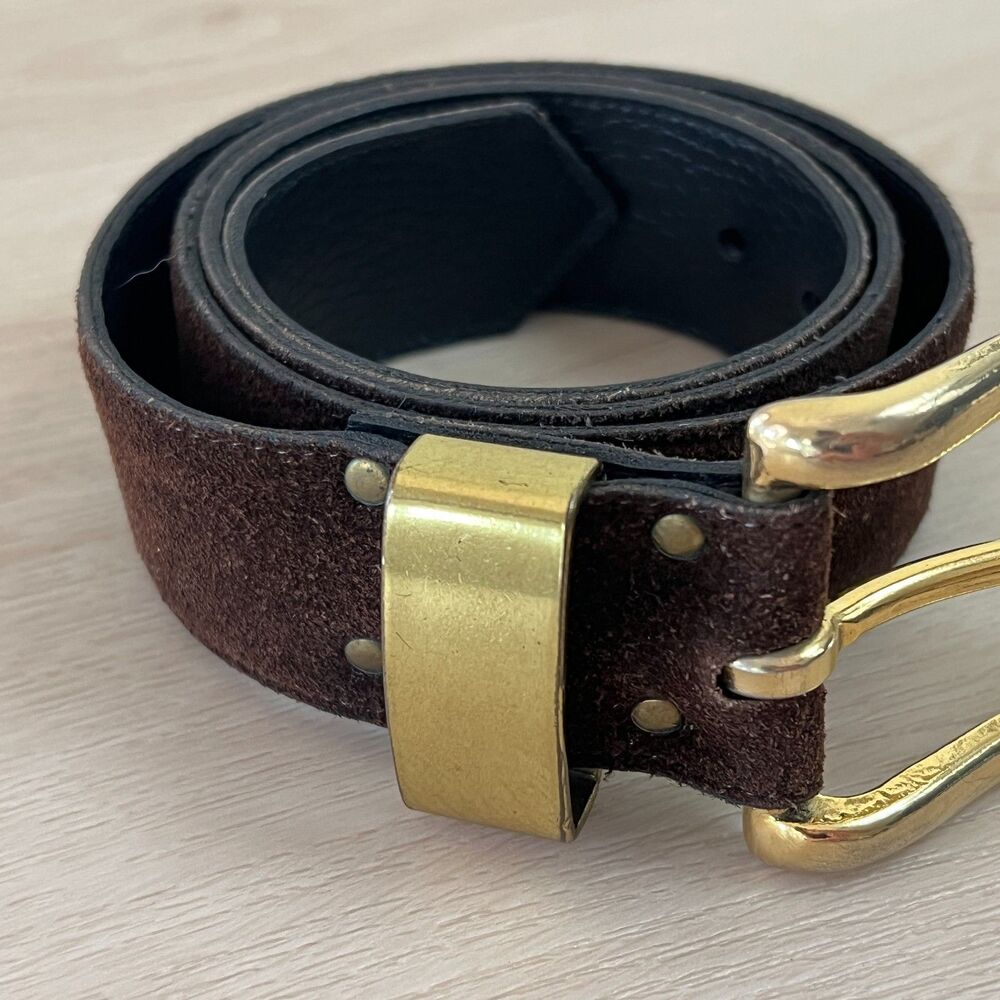 90s/Y2K Chocolate Brown Suede Belt Large Polished Gold-Tone Buckle Fits Size M/L - Picture 2 of 11